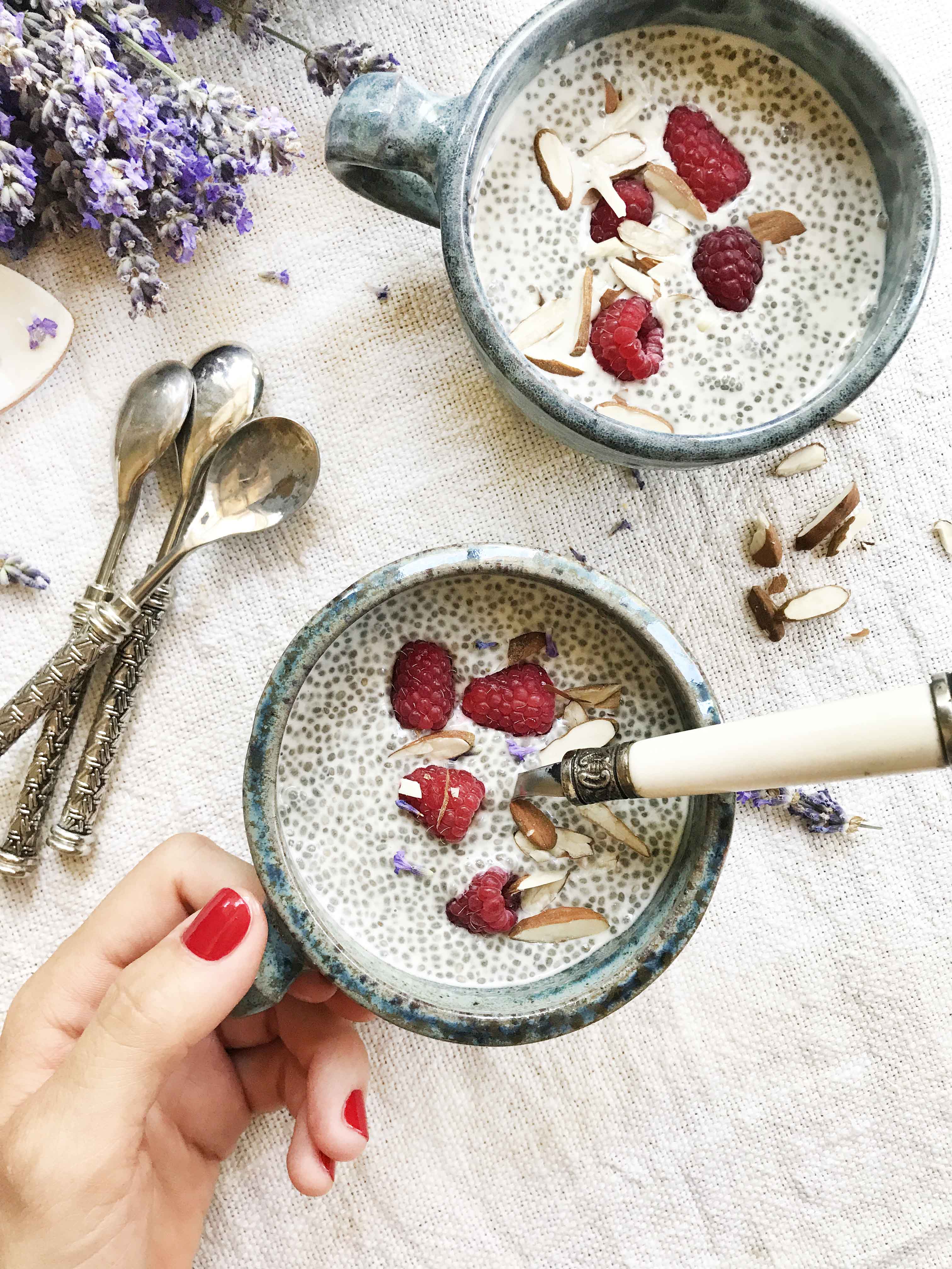 Creamy almond milk chia pudding topped with fresh raspberries, coconut flakes, and chia seeds in ceramic bowls.