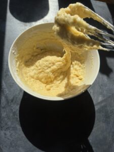Homemade banana bread batter mixed until just combined before baking.