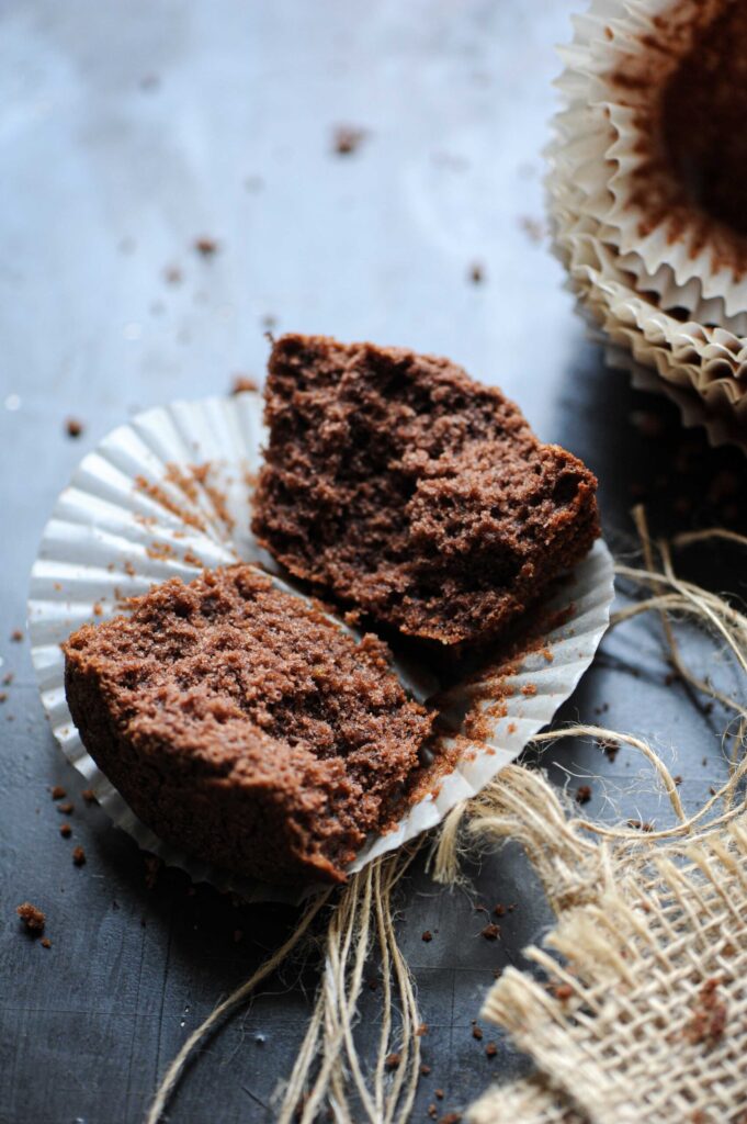 Airy dark chocolate muffin cut in half to show the soft crumb