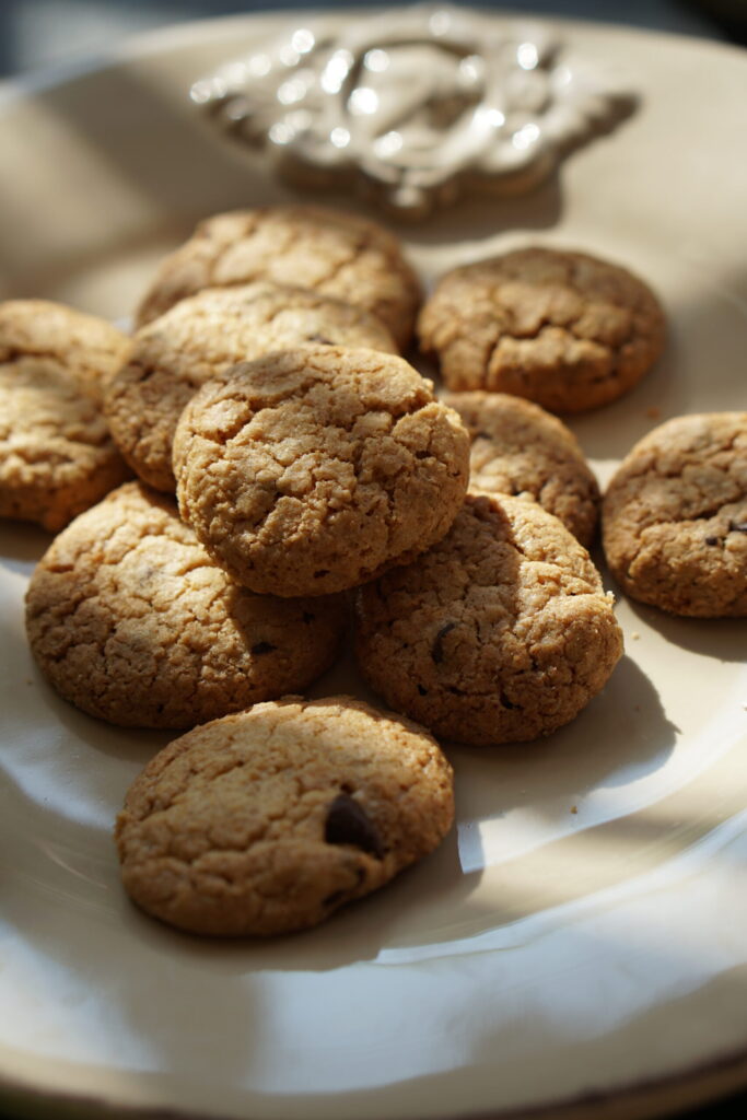 Close-up of chewy oatmeal chocolate chip cookies on a plate