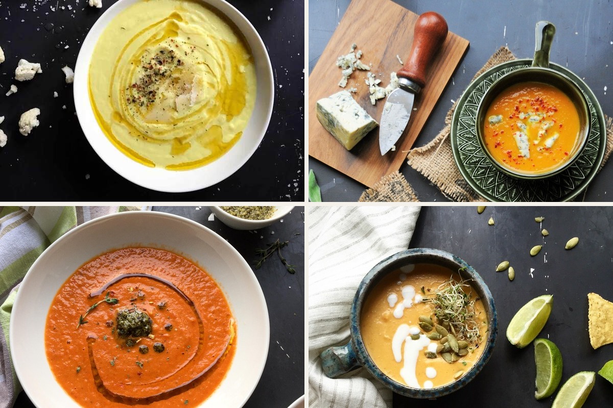 Collage of four creamy soups: cauliflower Parmesan, tomato red pepper, pumpkin blue cheese, and coconut pumpkin soup