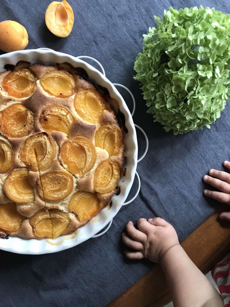 Overhead view of a freshly baked apricot cake in a white ceramic dish on a blue linen cloth, with fresh apricots, a green hydrangea, and baby hands reaching for the table.