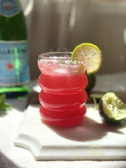 Glass of sparkling pomegranate limeade garnished with a lime wheel, next to a bottle of San Pellegrino sparkling water