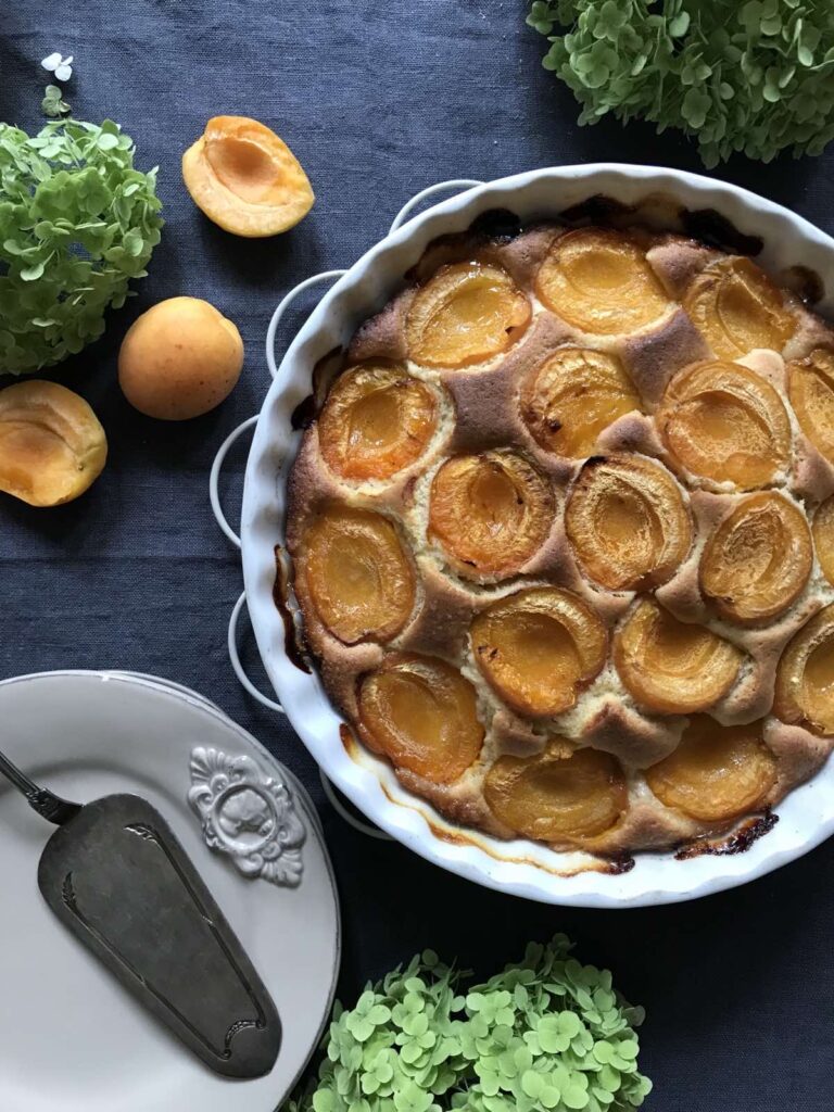 Overhead view of a freshly baked apricot cake in a white fluted dish on a dark blue cloth, surrounded by fresh apricot halves, green hydrangeas, and a grey plate with a vintage cake server.