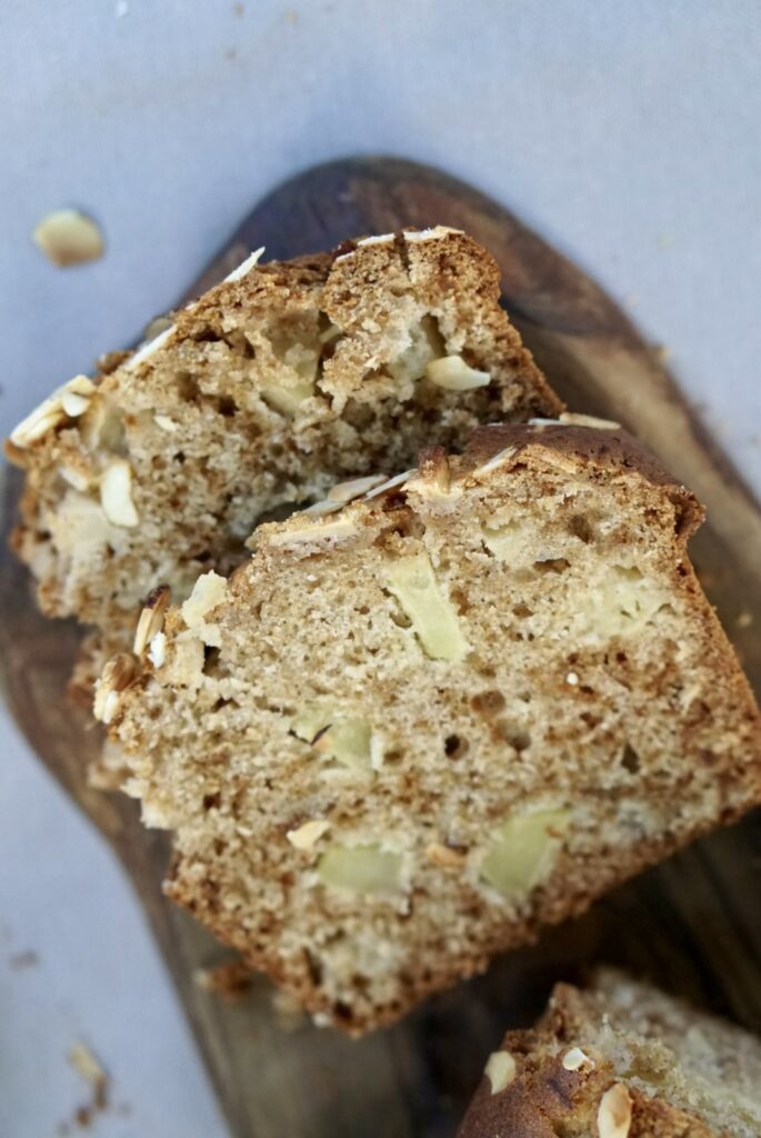 Freshly baked apple bread topped with golden sliced almonds