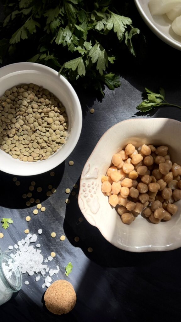 Dried green lentils and cooked chickpeas for lentil soup