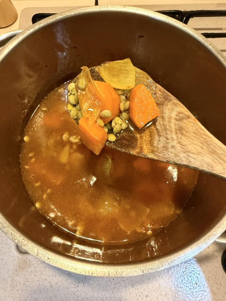 Green lentils simmering with carrots and onions in broth