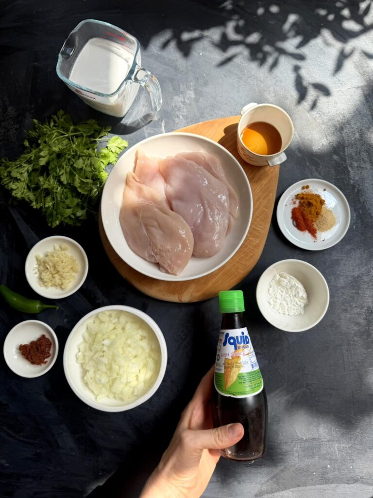 Chicken breast, coconut milk, Tom Yum paste, fish sauce, onion, garlic, cilantro, and seasonings.