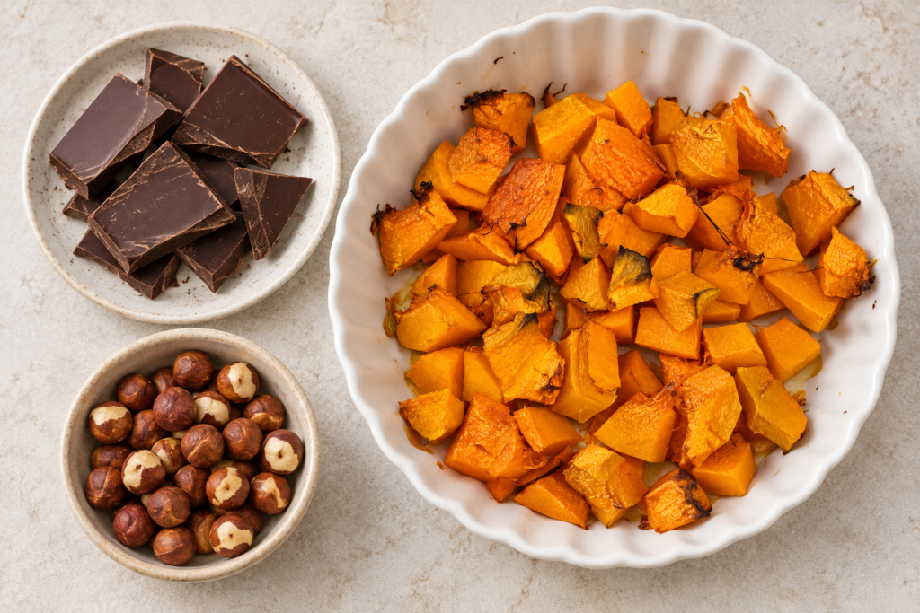 Roasted pumpkin in a white baking dish beside a plate of dark chocolate pieces and a bowl of hazelnuts